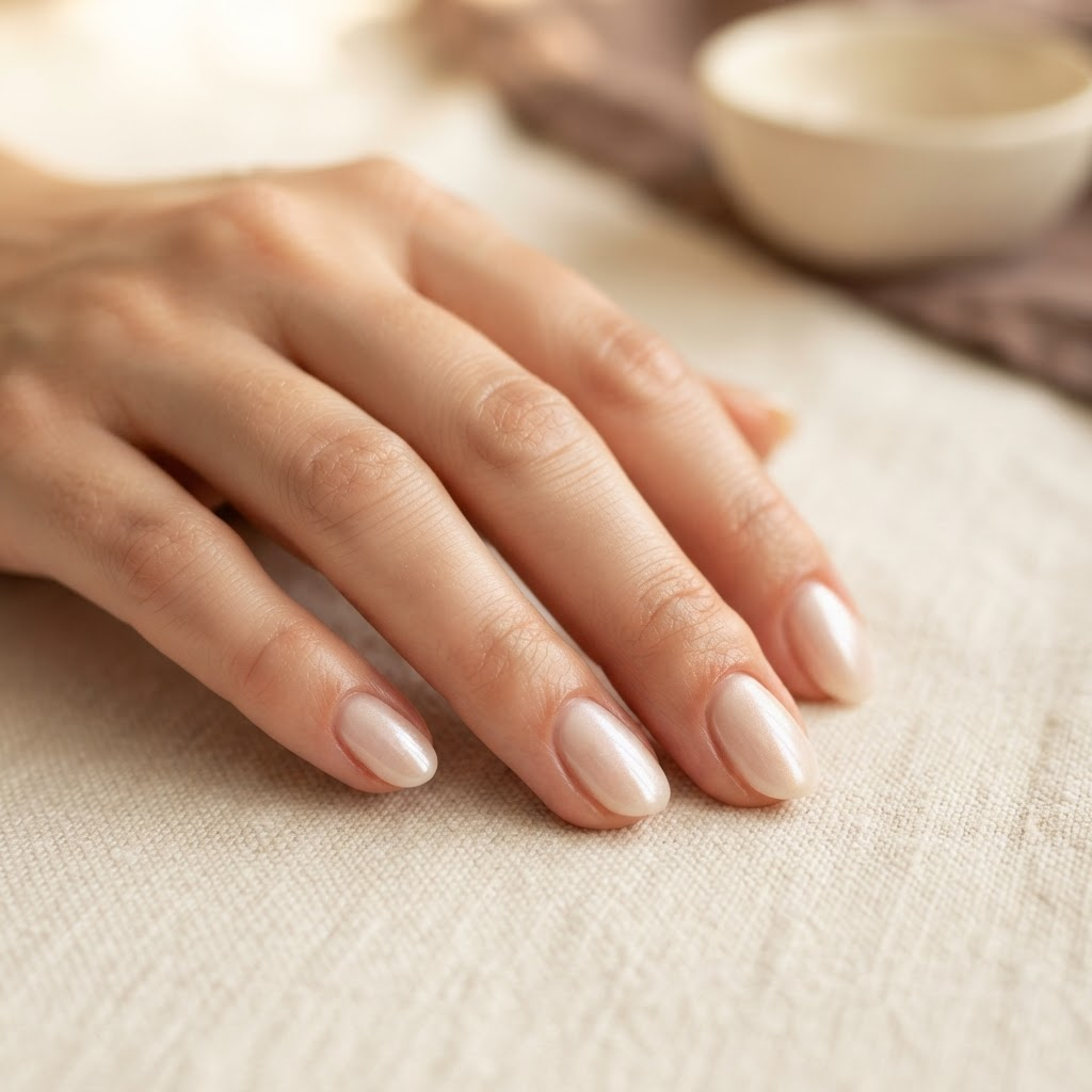 Mão com unhas amendoadas em gel nude perolado