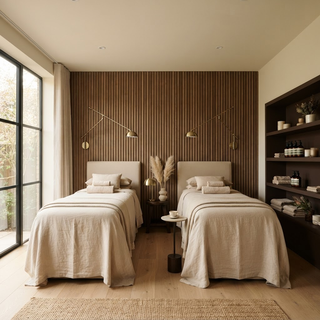 Interior do studio Utopia Beauty em Santarém, com marquesa e decoração em tons de castanho e creme